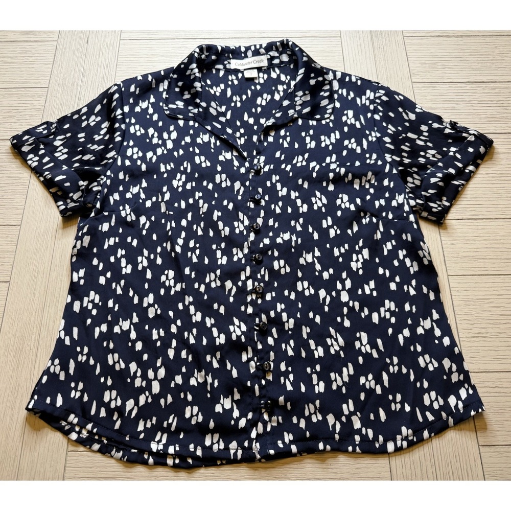 Coldwater Creek Women's Navy & White Short Sleeve Blouse Button Up Shirt Sz 8 P‎